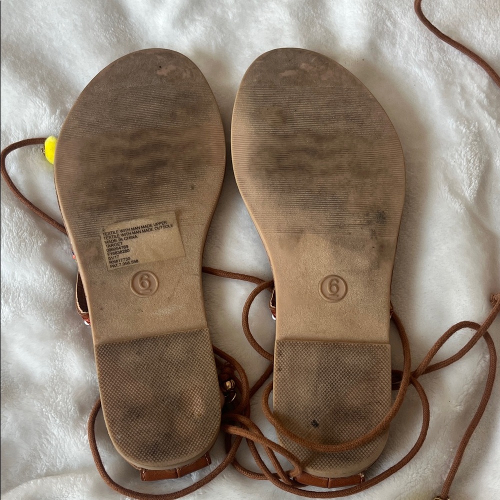 Mossimo Supply Co. Brown Leather Lace-Up Sandals with Pink & Yellow Pom Poms - Picture 3 of 4